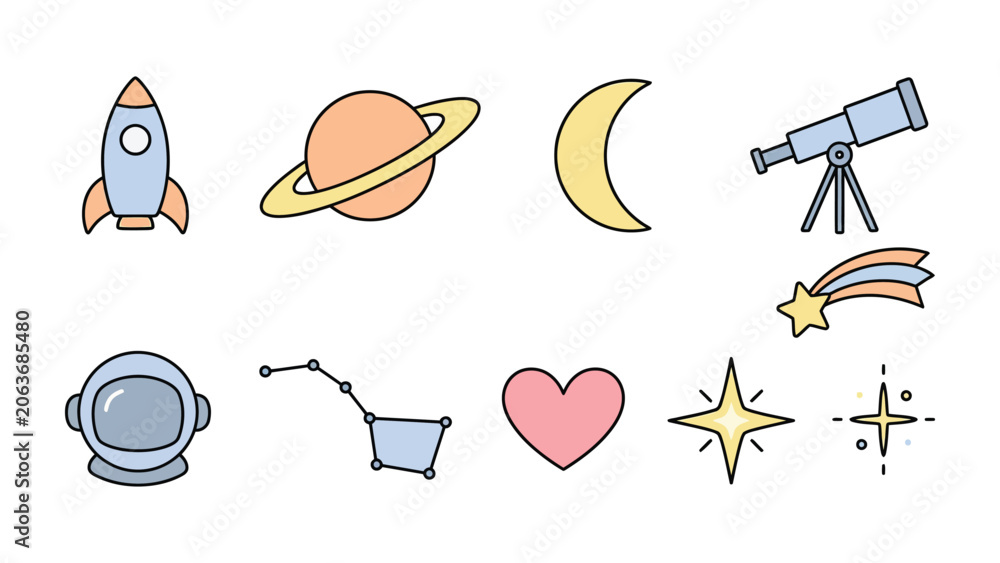 Fototapeta premium Cosmic Icons Collection: A charming assortment of celestial and space-themed icons, including a rocket, Saturn, crescent moon, telescope, astronaut helmet, constellation, heart, and shooting star.