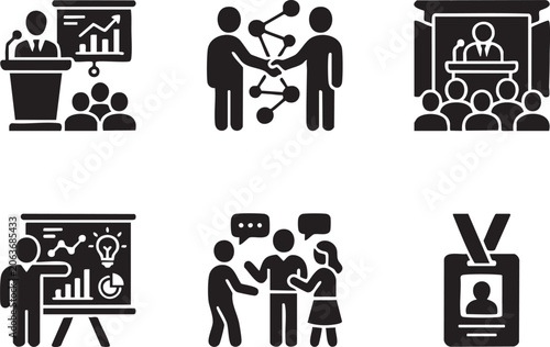 Business Conference and Celebration Event Solid Icon Sets, Professional Corporate Event and Party Celebration Vector Glyph Icon Bundle