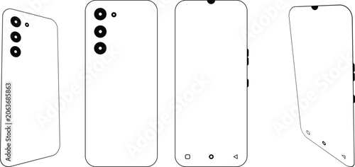 Minimalist smartphone vector line art, modern mobile phone wireframe set, blank cellphone mockup templates for app design and UI presentation