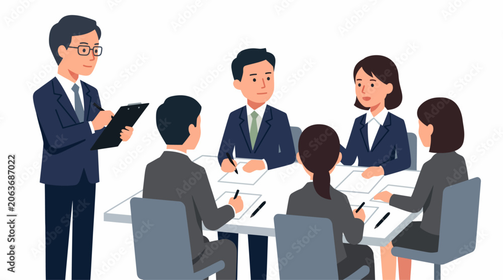 Obraz premium A group of business professionals, including men and women, engaged in a formal meeting around a conference table, with one person standing and taking notes.