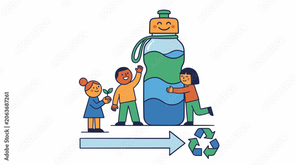 Fototapeta premium Kids promoting eco-friendly sustainability with reusable water bottle and recycling concept.