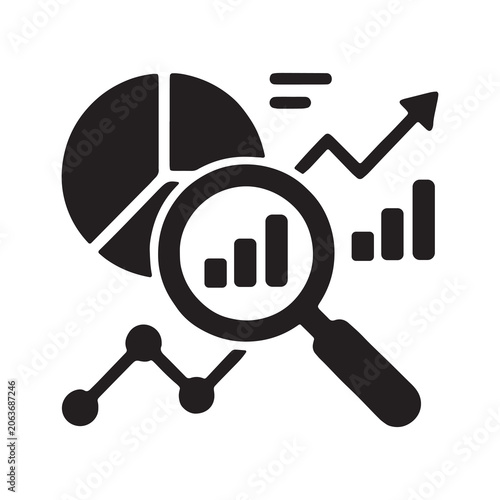 Business analysis, finance icons, data visualization, magnifying glass, statistics vector