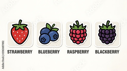 Colorful berry illustrations on white background.