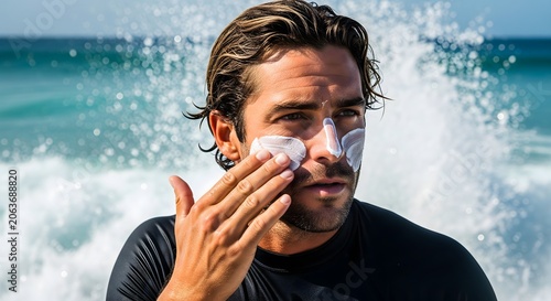 Handsome man applying sunscreen to his face at the beach during summer