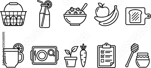 Photos Healthy breakfast and organic food line icon set featuring grocery basket, fresh fruit, oatmeal bowl, juice bottle, morning tea, diet checklist, honey jar and cooking ingredients