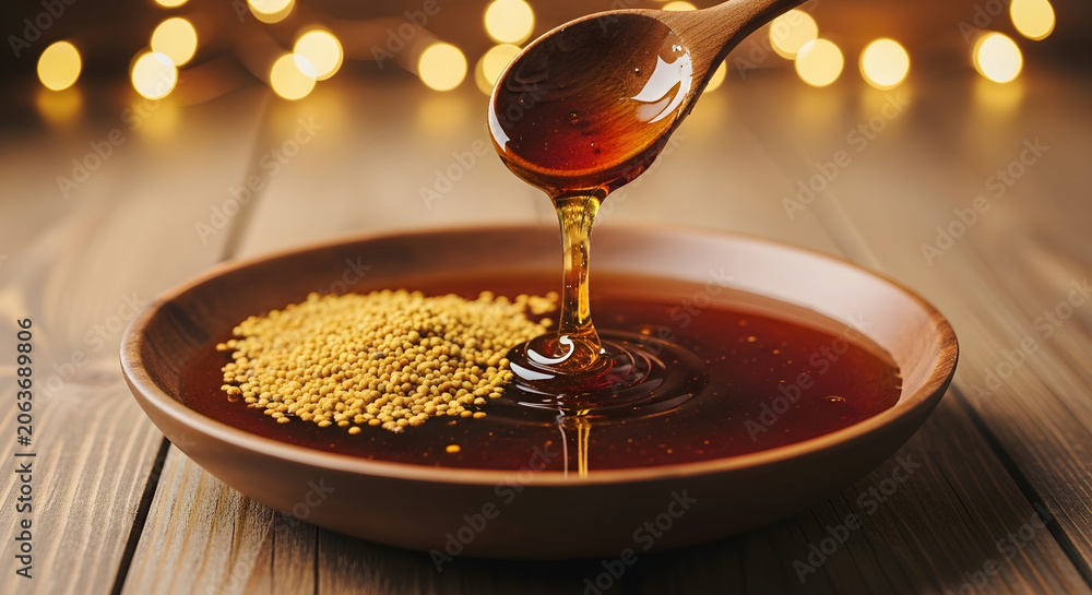 Fototapeta premium Honey dripping from a wooden spoon into a bowl with mustard seeds