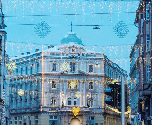 Winter Evening City Hall with Holiday Lights
