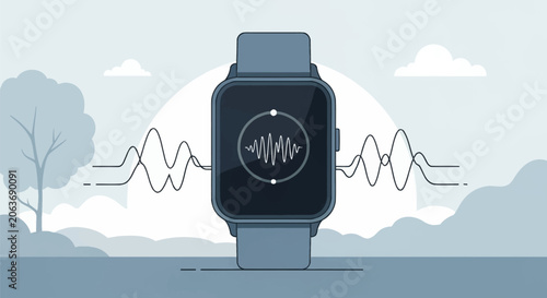 Flat vector illustration of a smartwatch displaying a sound wave or heart rate monitor frequency graph on its square screen, positioned in front of a stylized landscape with a tree and clouds.
