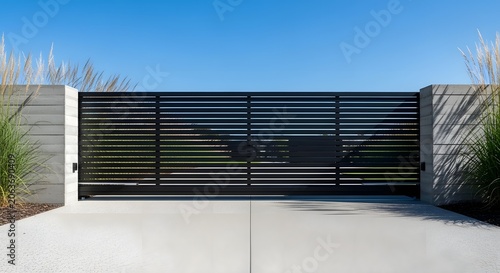 Modern sliding driveway gate made of horizontal black metal slats with concrete pillars.