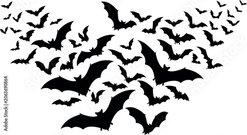 Foto Flying Bats Colony Silhouette Swarm Vector Illustration for Halloween Party Back