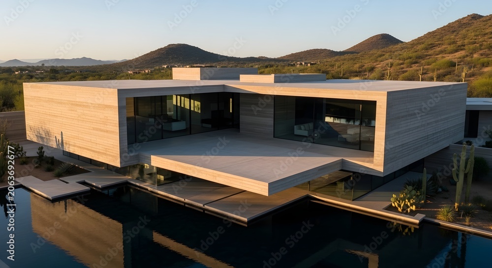 Fototapeta premium Modern desert home with a flat roof, large windows, and a swimming pool, set against a mountainous landscape at sunset.