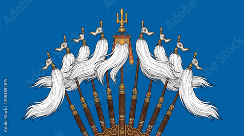 The ceremonial headdress features white horsehair tails on brown handles with gold accents.