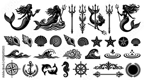 Mermaid sea creatures and nautical icons.