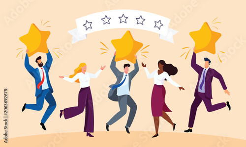 Obraz na płótnie Diverse corporate business team members jumping with joy while holding large gol