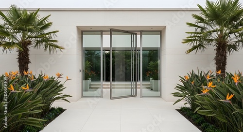Modern white building entrance with a large glass pivot door, flanked by tropical palm trees and lush bird of paradise plants.