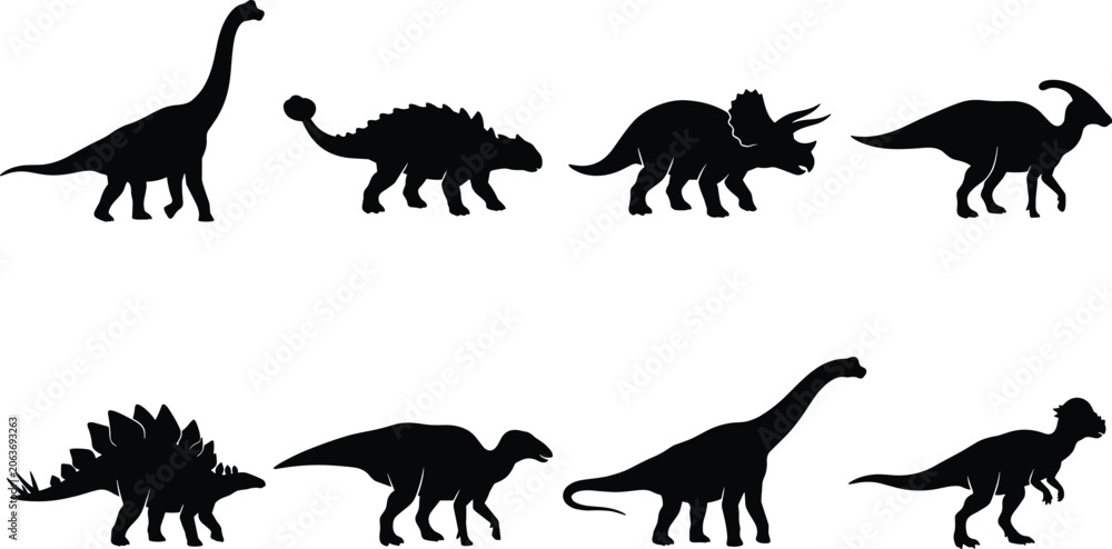 Obraz premium Prehistoric Dinosaur Silhouette Collection Featuring Herbivore and Carnivore Species Vector Illustration Set