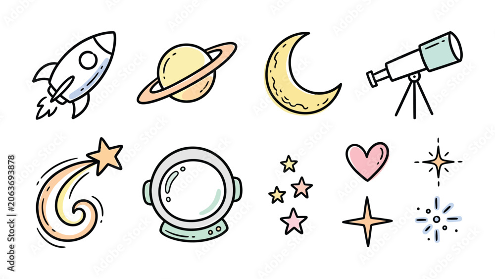 Fototapeta premium Space Adventure Icons: A charming collection of hand-drawn illustrations featuring a rocket ship, Saturn, a crescent moon, telescope, shooting star, astronaut helmet, stars, and heart.