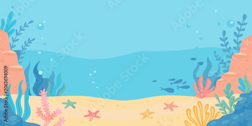 Underwater scene vector illustration with coral seaweed and marine life