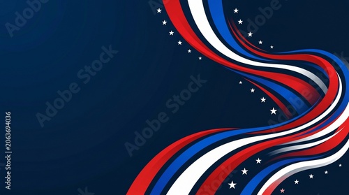 Abstract patriotic wave ribbon background with red, white, and blue stripes and white stars