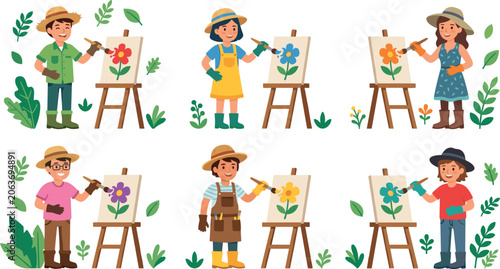 Obraz na plátne Cute Kids Artist Character Vector Illustration Set Painting Colorful Flowers on