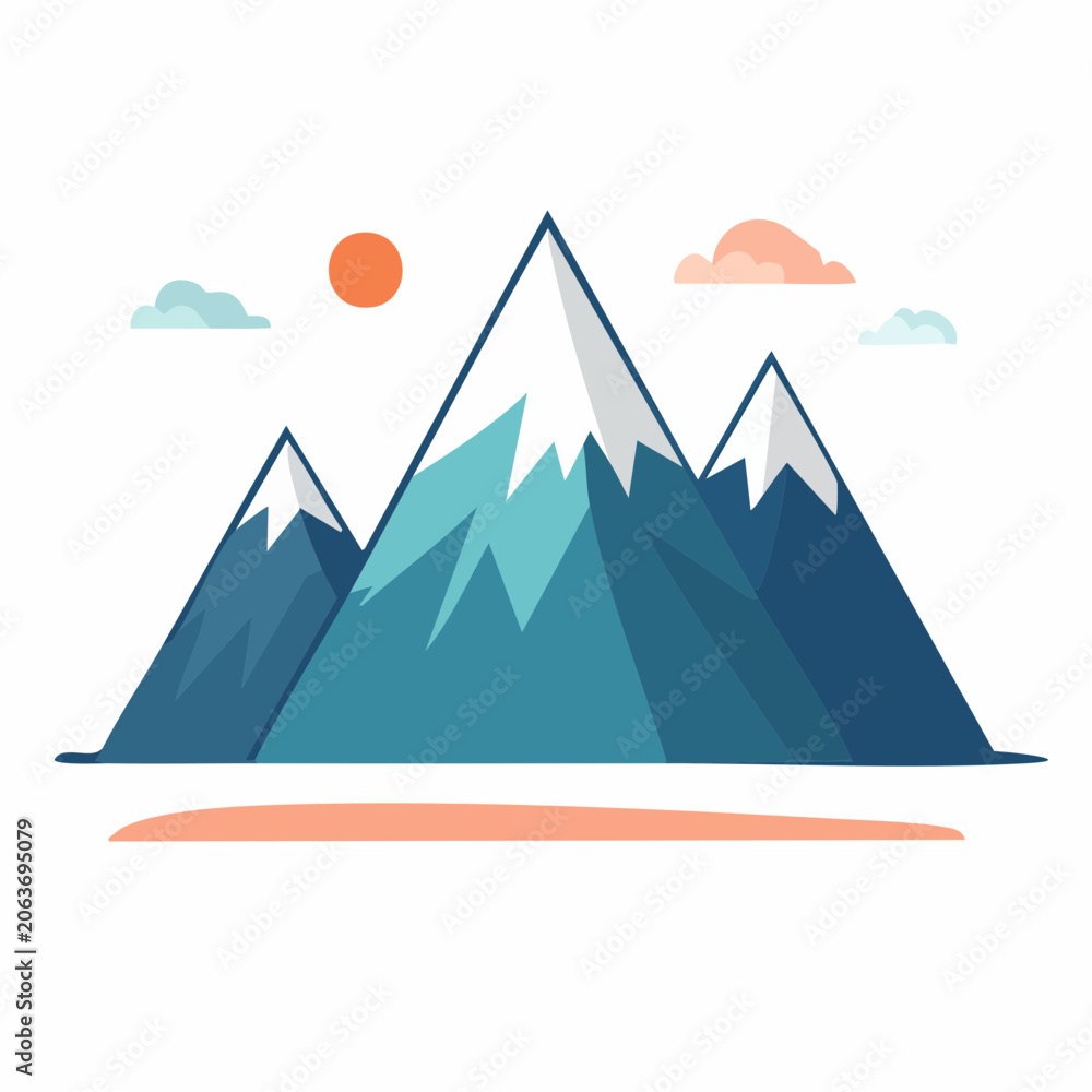 Fototapeta premium Stylized Mountain Range with Sun and Clouds