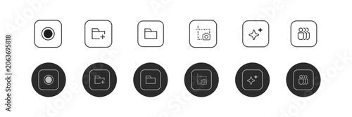 Collection of modern minimalist user interface icons with outline and filled versions displayed horizontally