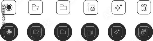 Set of minimalist outline icons representing various digital interface functions and actions