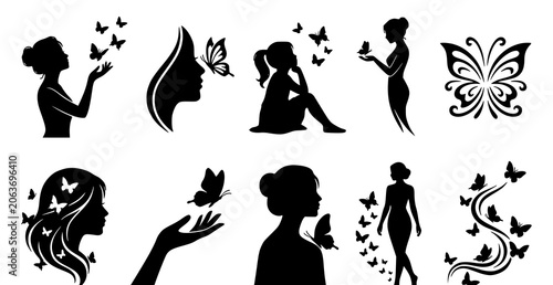 Tableau sur toile Black silhouette illustrations of women interacting with butterflies