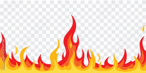 Foto Bright fire flame vector border with red, orange, and yellow burning shapes along the bottom edge, ideal for heat effects, posters, banners, gaming graphics, stickers, and warning designs