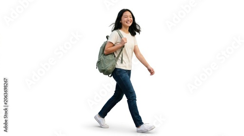 Happy young student girl walking with a backpack isolated on white background