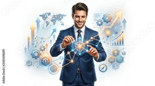 Professional businessman interacting with digital business data interface