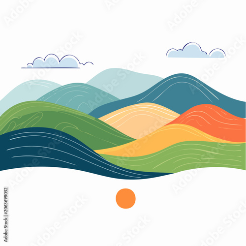 Abstract Rolling Hills Landscape with Sun and Clouds