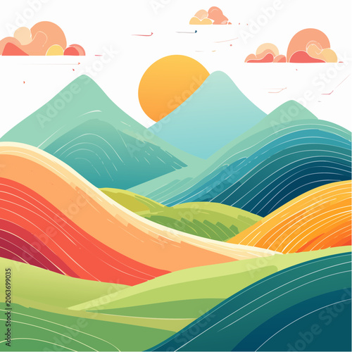 Abstract Rolling Hills Landscape with Sun and Clouds