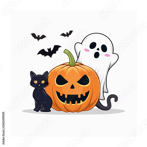 Cartoon Halloween Scene with Jack O Lantern Ghost and Cat