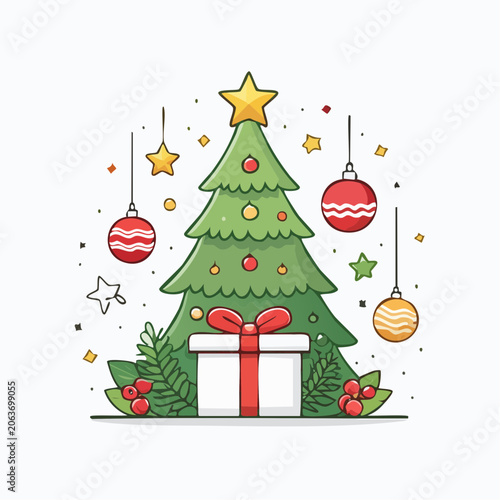 Christmas Tree with Gift and Ornaments