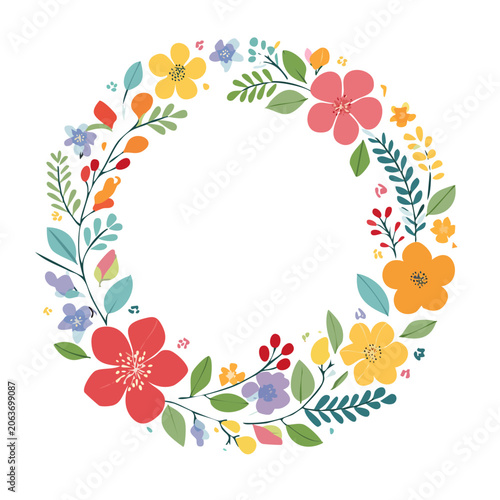 Colorful floral wreath illustration on white background