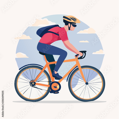 Cyclist Riding Bicycle with Backpack and Helmet