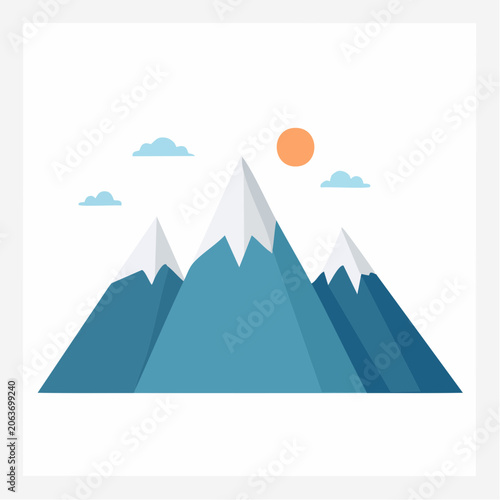 Flat Design Mountain Landscape with Sun and Clouds