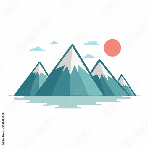 Flat Design Mountain Landscape with Sun and Clouds