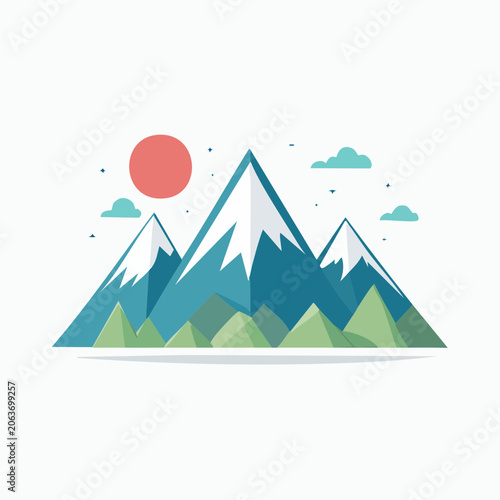 Flat Design Mountain Landscape with Sun and Clouds