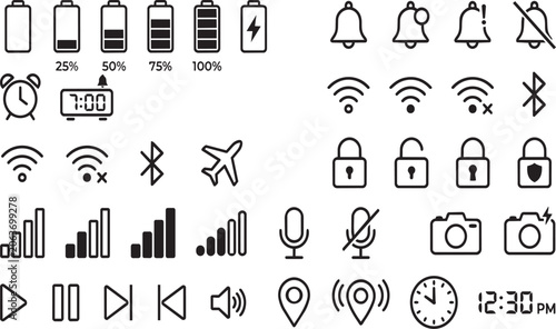 Set of black mobile user interface system icons isolated as a vector on transparent background