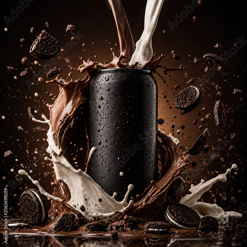Black Beverage Can with Chocolate Splash, Premium Energy Drink Product Advertisement