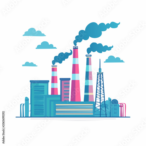 Industrial Factory with Smoke Stacks and Clouds