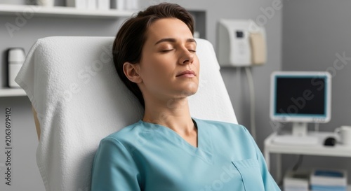 A woman with eyes closed resting on a medical examination table