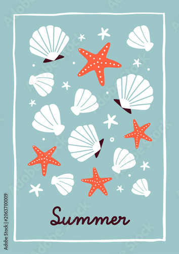 Summer poster with seashells pattern and frame. Beach holiday card, seaside c...