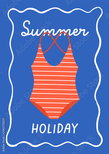Summer holiday poster with swimsuit, wavy frame. Beach vacation card, striped...