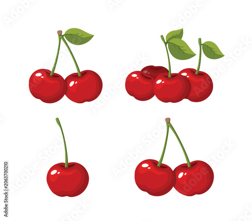 Vector illustration of four cherry berries and bunches of cherry isolated on a white background.