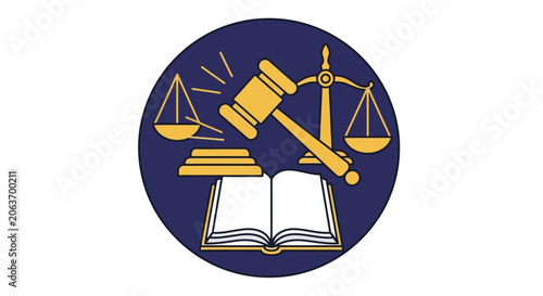 Justice Symbol: Gavel, Scales of Justice, Open Book, Legal Concept