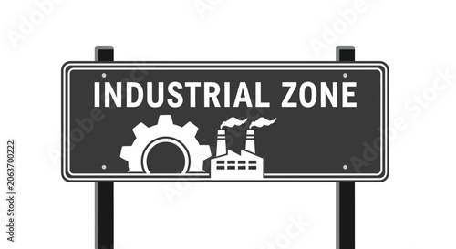 Industrial Zone Sign with Gear and Factory Icons, White on Black Background