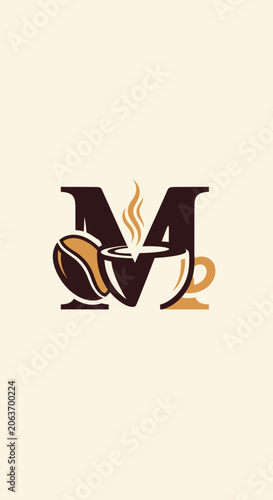 Letter M with Coffee Cup and Bean - Cafe Logo Concept
